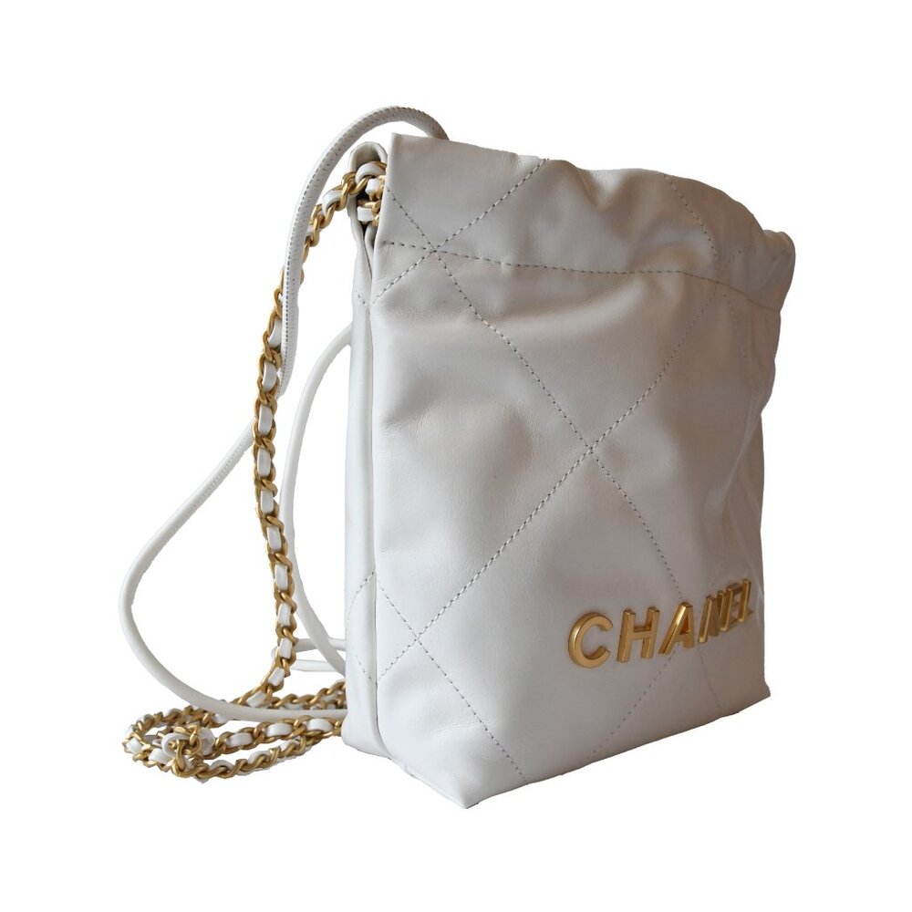 Chanel Shiny Calfskin Quilted Mini Chanel 22 Tote Bag Gold Hardware White - Picture 3 of 5